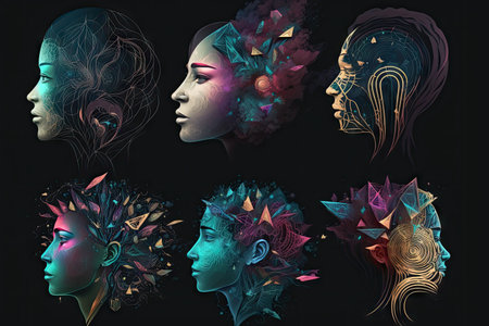 collection of beautiful abstract thinking heads on dark background digital illustration, created with generative aiの素材