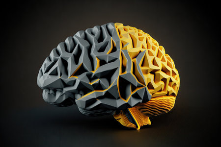 yellow gray image of human brain in triangular on black background digital illustration, created with generative aiの素材