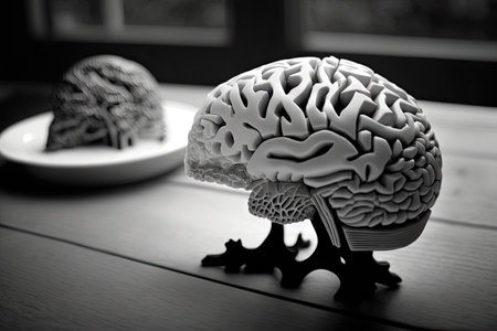 tri-dimensional model of human brain in black and white color on table, created with generative aiの素材