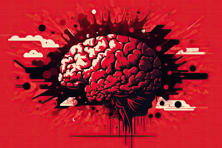 abstract brain work on red background digital illustration, created with generative aiの素材