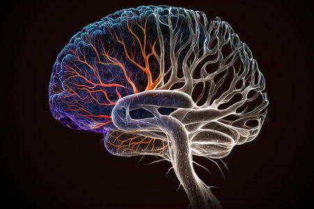 abstract liquid human brain with veins and nerves on black background art of brain, created with generative aiの素材
