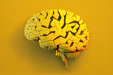 creative thinking abstract brain hemisphere on yellow background, created with generative aiの素材