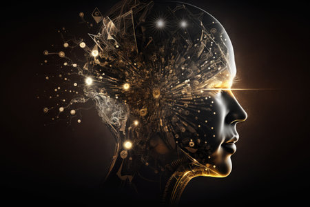 abstract human head with flashing elements as part of art of brain, created with generative aiの素材