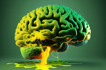 creative brain with bright yellow green hues in background of art of brain, created with generative aiの素材
