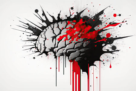 abstract brain shape in black and white background with red splashes, created with generative aiの素材