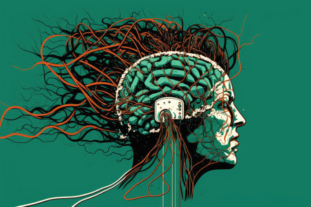 abstract art of brain in form of human head with cable connection, created with generative aiの素材