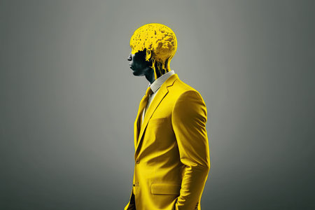 art of brain person in yellow suit thinking and looking at camera, created with generative aiの素材