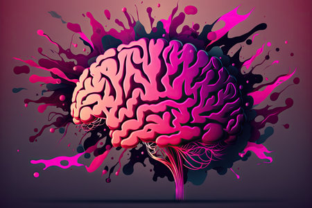 creative thinking in form of pink rush on art of brain background, created with generative aiの素材