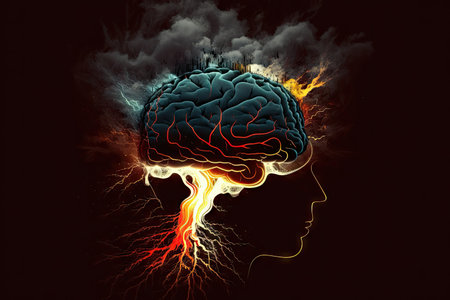 creative abstract thoughts brain on dark background digital illustration, created with generative aiの素材