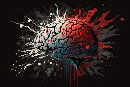 abstract brain with splashes of red stains on dark background digital illustration, created with generative aiの素材