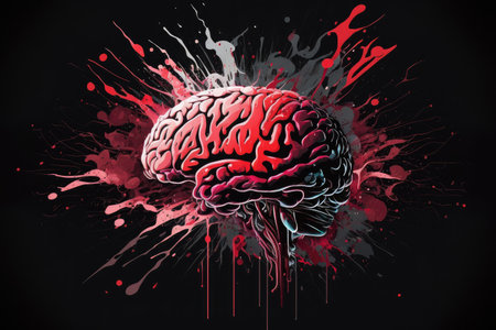 abstract brain with splashes of red stains on dark background digital illustration, created with generative aiの素材