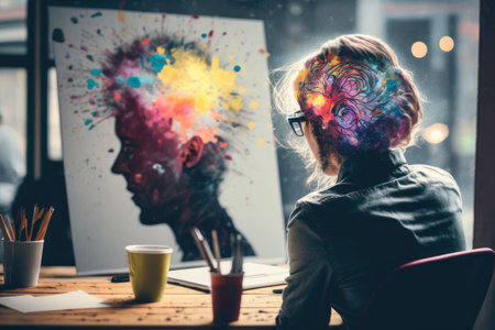 creative work of artist in office on blurred background art of brain, created with generative aiの素材