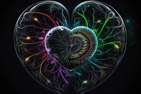 art of brain and heart in form of abstract spirograph on dark background, created with generative aiの素材