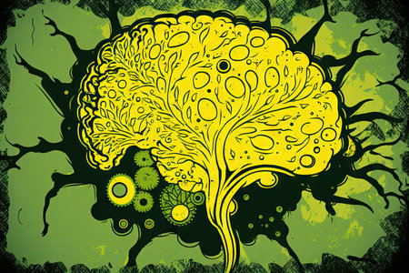 doodle brain abstract image of art in yellow green tones, created with generative aiの素材