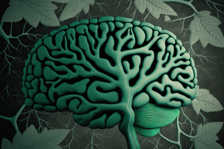 gray brain structure pattern with veins green leaves and branches in background digital illustration, created with generative aiの素材