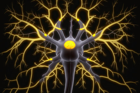 grey brain with yellow nerve cells isolated on black background, created with generative aiの素材