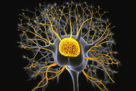 grey brain with yellow nerve cells isolated on black background, created with generative aiの素材
