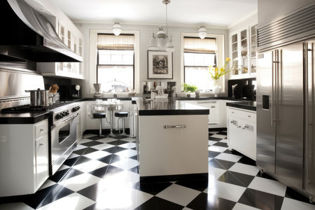 art deco kitchen, with sleek countertops and accessories, stainless steel appliances, and black & white tile floors, created with generative aiの素材