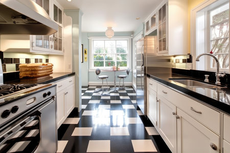 art deco kitchen, with sleek countertops and accessories, stainless steel appliances, and black & white tile floors, created with generative aiの素材