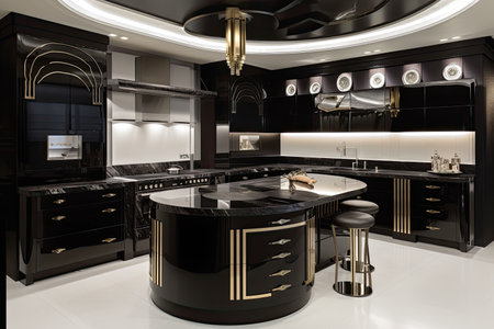 art deco home kitchen, with sleek and streamlined appliances, metal fixtures and glass accents, created with generative aiの素材