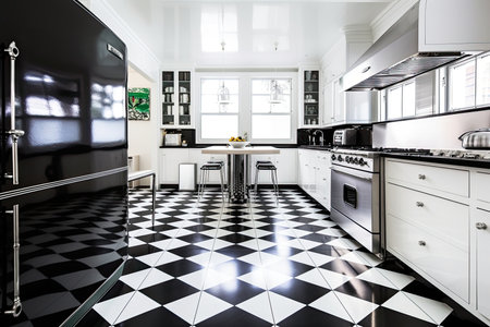 art deco home kitchen, with sleek black and white appliances and geometric tile floor, created with generative aiの素材