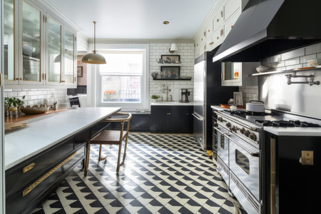 art deco home kitchen, with sleek black and white appliances and geometric tile floor, created with generative aiの素材