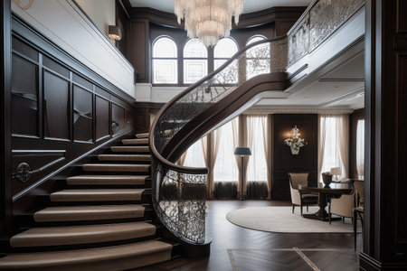 art deco home, with grand staircase and chandelier, leading to second floor, created with generative aiの素材