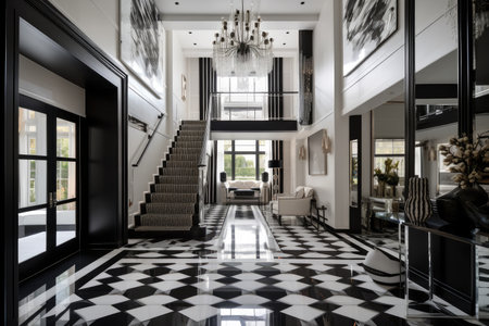 art deco home, featuring sleek lines and geometric patterns in the interior design, created with generative aiの素材
