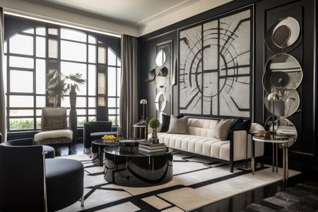 art deco home, featuring sleek lines and geometric patterns in the interior design, created with generative aiの素材