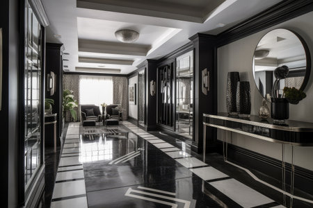 art deco home, featuring sleek lines and geometric patterns in the interior design, created with generative aiの素材