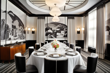 art deco dining room, with sleek black chairs and white tablecloth, created with generative aiの素材