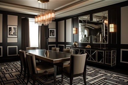 art deco dining room, with sleek lines and geometric patterns, created with generative aiの素材