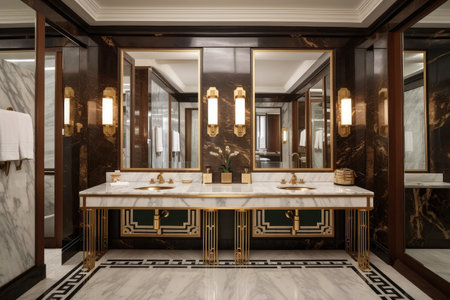 luxurious art deco bathroom, with marble floors and columns, double sinks, and bronze fixtures, created with generative aiの素材