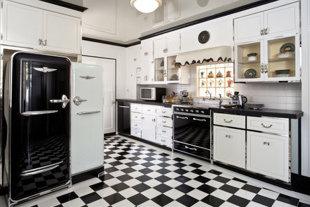 art deco kitchen, with sleek black and white tile floor and vintage appliances, created with generative aiの素材