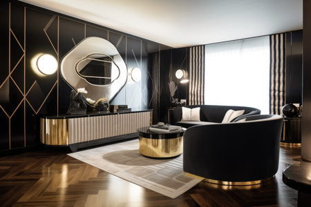 art deco home, with sleek streamlined furniture and geometric patterns, created with generative aiの素材
