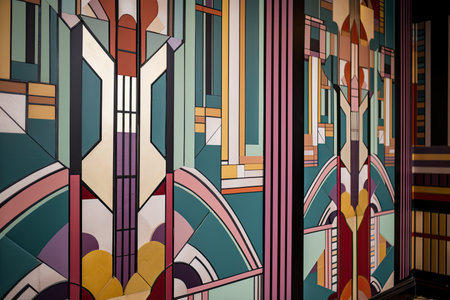 close-up of art deco wall decor, with geometric patterns and vibrant colors, created with generative aiの素材