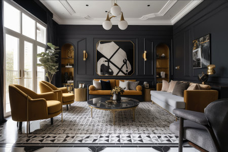 sleek and streamlined decor in art deco home, with geometric shapes and patterns, created with generative aiの素材