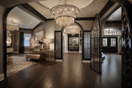 art deco home, with open floor plan and chandelier in the entrance, created with generative aiの素材