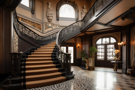 view of art deco home with grand staircase, intricate detailing and luxurious furnishings, created with generative aiの素材