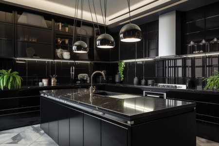 art deco home kitchen, with sleek and modern appliances, sleek black counters and cabinets, created with generative aiの素材