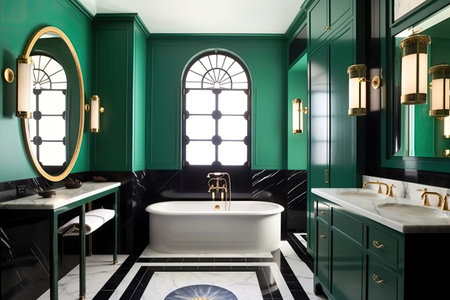 art deco bathroom, with sleek fixtures and bold colors, created with generative aiの素材