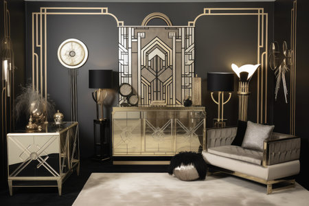 art deco home, with its sleek lines and metallic accents, bring a touch of elegance to any room, created with generative aiの素材