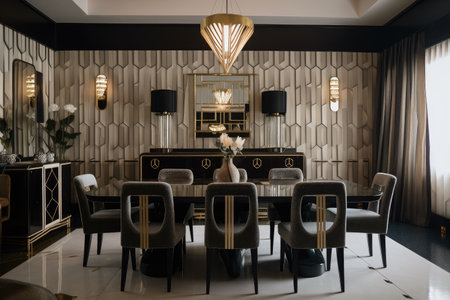 art deco dining room, with sleek lines and geometric patterns, created with generative aiの素材
