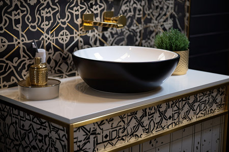 deco-inspired vanity sink with geometric and floral patterns in the bathroom, created with generative aiの素材