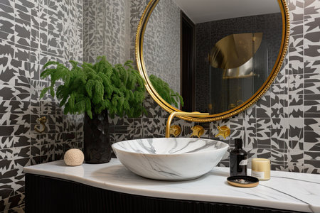 deco-inspired vanity sink with geometric and floral patterns in the bathroom, created with generative aiの素材