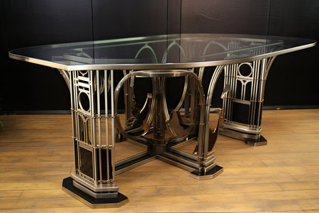 art deco dining table with intricate metalwork and glass top, created with generative aiの素材