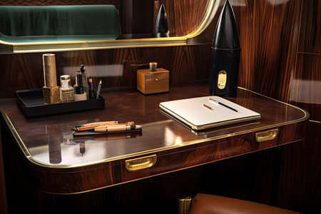 art deco desk, with leather writing pad and fountain pen, in sleek and functional workspace, created with generative aiの素材