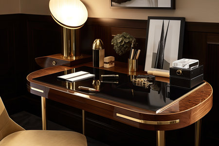 art deco desk, with leather writing pad and fountain pen, in sleek and functional workspace, created with generative aiの素材