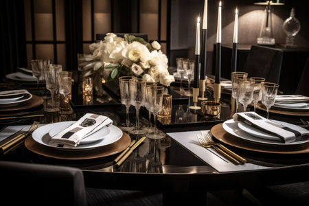 art deco dining table with sleek linens and silverware, created with generative aiの素材
