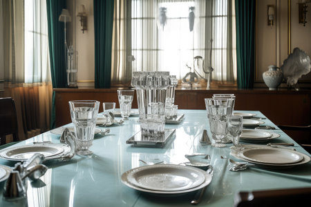 art deco dining room, with delicate glassware and silver cutlery on the table, created with generative aiの素材